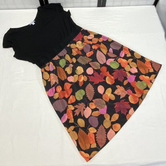 Isaac Mizrahi Leaf Print V Neck Cap Sleeve Elastic Waist Midi Dress Black Orange - Picture 8 of 13